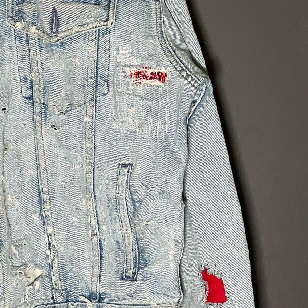 Vintage Paradise France Handmade Distressed Denim Jacket With Vintage Bandana Pa - Picture 4 of 9